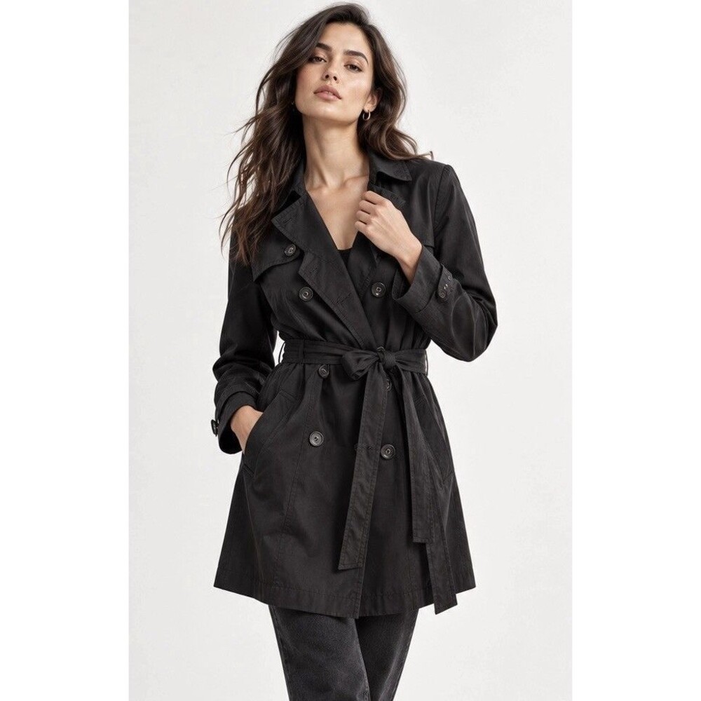 AB Studio Black Belted Trench Coat Double Breasted Lightweight Jacket Size 12